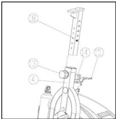 Technical diagram of a mechanical device with numbered components and measurement scale