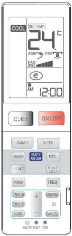 COOL SETTEMP 24°C FAN Speed e 12:00 AM QUIET ON/OFF SMART SLEEP HEALTH AIRFLOW 10°C LIGHT CHILD LOCK POWER FRESH TIME ON + TIMER 3C CLOCK CANCEL NOGURE RESET CODE