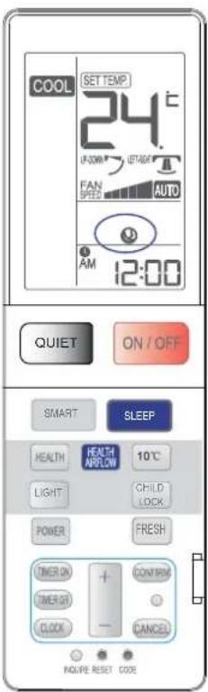 COOL SET TEMP 24°C L-F-500M UTA/84F FAN SPEED AUTO 12:00 AM QUIET ON/OFF SMART SLEEP HEALTH HEALTH APPLCLOW 10°C LIGHT CHILD LOCK POWER FRESH TIMER ON + CONTROL TIMER ON - CANCEL CLOCK COMPLETE RESET CODE