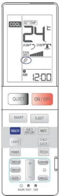 COOL SET TEMP 24°C UP/ON → START FAN PEED AM 12:00 QUIET ON / OFF SMART SLEEP HEALTH HEALTH AIRFLOW 10°C LIGHT CHILD LOCK POWER FRESH TIMER ON + CONFIRM TIMER ON C CLOCK - CANCEL AQUIRE RESET CODE