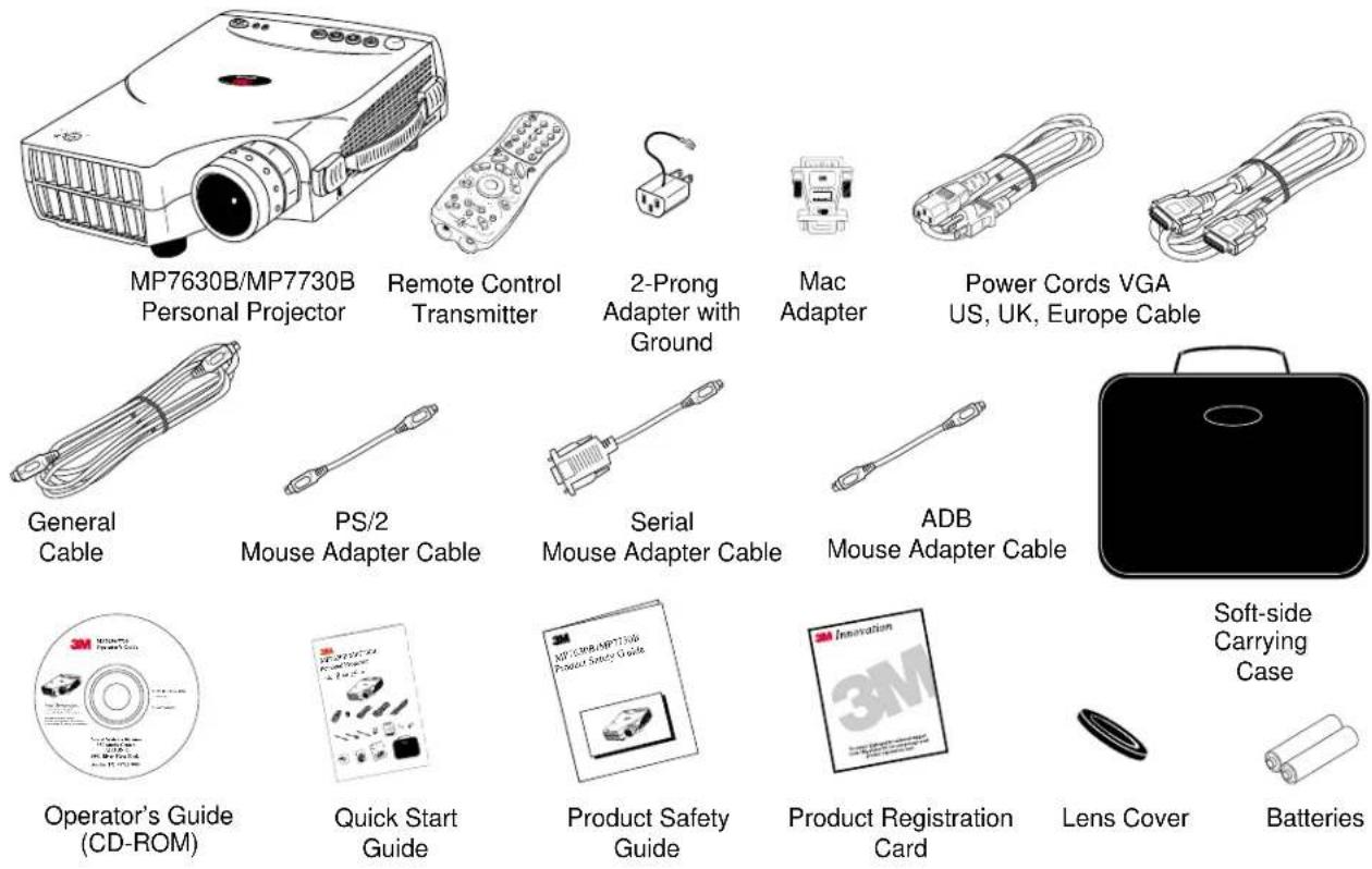 MP7630B/MP7730B Personal Projector Remote Control Transmitter 2-Prong Adapter with Ground Mac Adapter Power Cords VGA US, UK, Europe Cable General Cable PS/2 Mouse Adapter Cable Serial Mouse Adapter Cable ADB Mouse Adapter Cable Soft-side Carrying Case Operator's Guide (CD-ROM) Quick Start Guide Product Safety Guide Product Registration Card Lens Cover Batteries