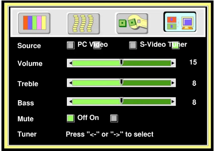 Source PC Video S-Video Tuner Volume 15 Treble 8 Bass 8 Mute Off On Tuner Press "<-" or "-->" to select
