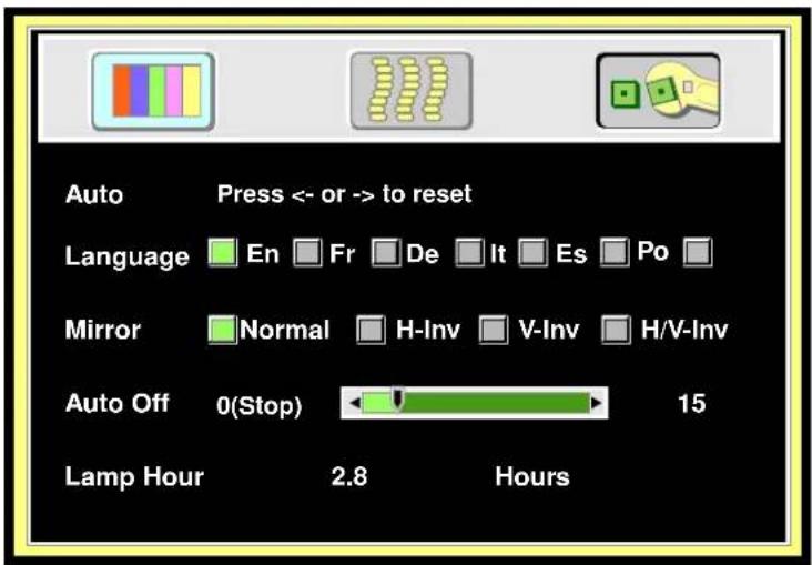 Auto Press <- or -> to reset Language En Fr De It Es Po Mirror Normal H-Inv V-Inv H/V-Inv Auto Off 0(Stop) 15 Lamp Hour 2.8 Hours