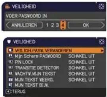 VEIGLHEID VOER.PASWORD IN ANNULEREN 1 2 3 OK VEIGLHEID VEILIGH.PASW.VERANDEREN M.Jn Schers PASWORD SCHAKEL UIT PIN LOCK SCHAKEL UIT TRANSITIE DETECTOR SCHAKEL UIT WACHTV.MUN TEKST SCHAKEL UIT MUN TEKST WEERG. SCHAKEL UIT MUN TEKST BIJN. TERUG