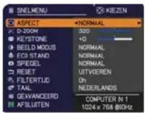 SNELMENU KIEZEN ASPECT NORMAL D-ZOOM 320 +0 KEYSTONE NORMAL BEELD MODUS NORMAL ECO STAND NORMAL SPECEL NUTVEREN RESET HITRITUD Normal TAIL NEDERLANDS GEVANCEERD COMPUTER N 1 AFSLUITEN 1024 x 768 @90Hz