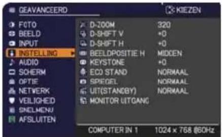 GEAVANCEERD FOTO BEELD INPUT INSTALLING AUDIO SOHERM OPTIF NETWORK VEILIGED SNELMENU AFSLUITEN D-ZOOM 320 D-SHIFT V +0 D-SHIFT H +0 BEELDPOSITIE H MIDDEN KEYSTONE +0 ECO STAND NORMAAL SPEGEL NORMAAL UIT(STANDBY) NORMAAL MONITOR UITGANG COMPUTER IN 1 1024 x 768 @60Hz