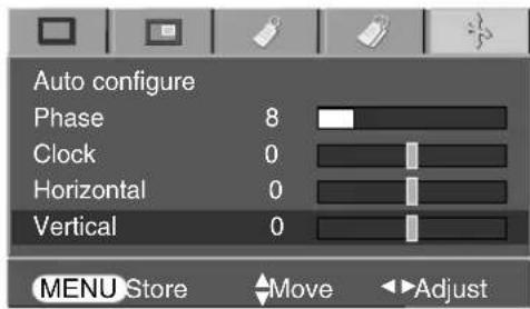Automatische configuratie Fase 8 Klok 0 Horizontaal 0 Verticaal 0 MENU Opslaan ▼Verplaats ▶Aanpassen
