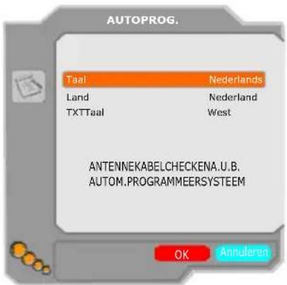 AUTOPROG. Taal Nederlands Land Nederland TXTTaal West ANTENNEKABELCHECKENA.U.B. AUTOM.PROGRAMMEERSYSTEEM OK Annulera