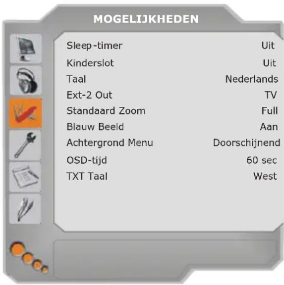 MOGELIJKHEDEN Sleep-timer Kinderslot Taal Ext-2 Out Standaard Zoom Blauw Beeld Achtergrond Menu OSD-tijd TXT Taal Uit Uit Nederlands TV Full Aan Doorschijnend 60 sec West