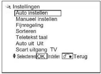 Instellingen Auto instellen Manueel instellen Fijnregeling Sorteren Teletekst taal Auto uit Uit Scart uitgang TV Selecteren OK Instellen Terug