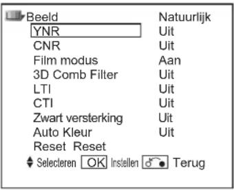 Beeld YNR CNR Film modus 3D Comb Filter LTI CTI Zwart versterking Auto Kleur Reset Reset ♦ Selecteren OK Instellen Terug