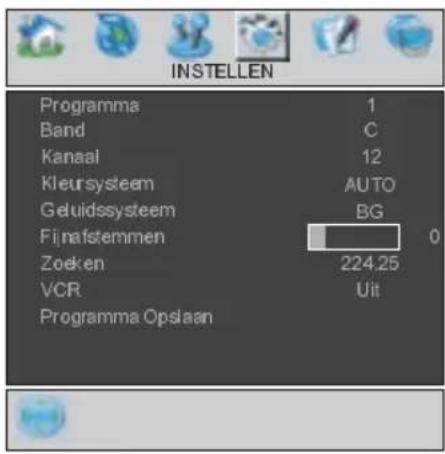 INSTELLEN Programma 1 Band C Kanaal 12 Kleursysteem AUTO Geluidssysteem BG Fijnafstemmen Zoeken 224.25 0 VCR Uit Programma Opslaan