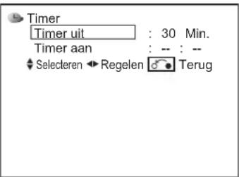 Timer Timer uit : 30 Min. Timer aan : -- : -- Selecteren Regelen Terug
