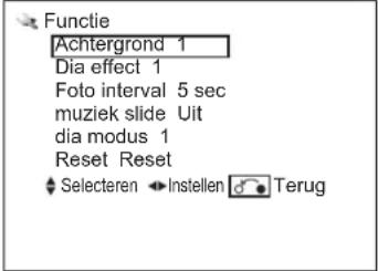 Functie Achtergrond 1 Dia effect 1 Foto interval 5 sec muziek slide Uit dia modus 1 Reset Reset Selecteren Instellen Terug