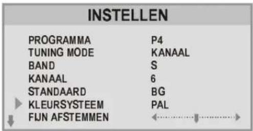 INSTELLEN PROGRAMMA P4 TUNING MODE KANAAL BAND S KANAAL 6 STANDAARD BG KLEURSYSTEEM PAL FUN AFSTEMMEN