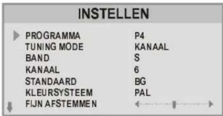INSTELLEN PROGRAMMA P4 TUNING MODE KANAAL BAND S KANAAL 6 STANDAARD BG KLEURSYSTEEM PAL FIJN AFSTEMMEN