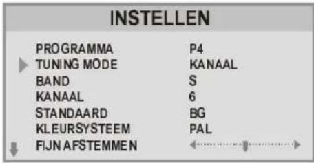 INSTELLEN PROGRAMMA P4 TUNING MODE KANAAL BAND S KANAAL 6 STANDAARD BG KLEURSYSTEEM PAL FIJNAFSTEMMEN