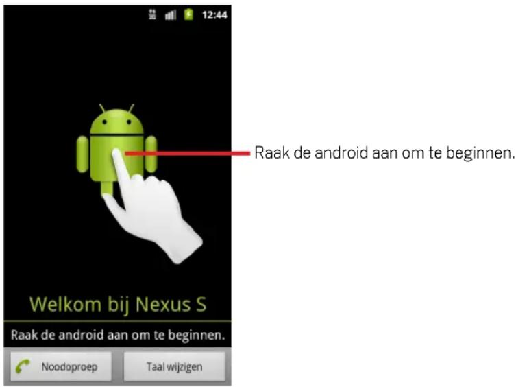12:44 Raak de android aan om te beginnen. Welkom bij Nexus S Raak de android aan om te beginnen. Noodoproep Taal wijzigen