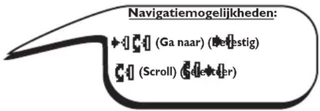 Navigatiemogelijkheden: + : (Ga naar) (Devestig) : : (Scroll) (Selecter)