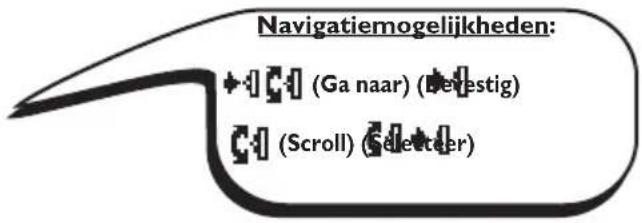 Navigatiemogelijkheden: + : (Ga naar) (Bevestig) - : (Scroll) (Seleeter)
