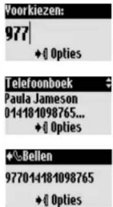 Voorkiezen: 977 ♦ ⚫ Opties Telefoonboek Paula Jameson 014181098765... ♦ ⚫ Opties +Bellen 977014181098765 ♦ ⚫ Opties