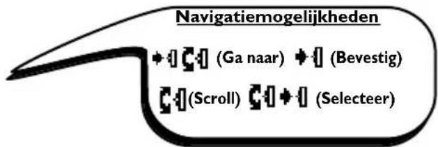 Navigatiemogelijkheden (Ga naar) (Bevestig) (Scroll) (Selecteer)
