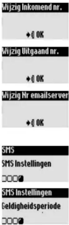 Wijzig Inkomend nr. ◆□ OK Wijzig Uitgaand nr. ◆□ OK Wijzig Nr emailserver ◆□ OK SMS SMS Instellingen □□□○ SMS Instellingen Geldigheidsperiode □□□○