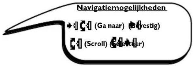 Navigatiemogelijkheden + : [ ] (Ga naar) (Buvestig) [ ] (Scroll) (Selechter)