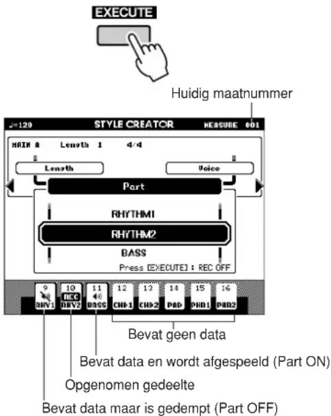 EXECUTE Huidig maatnummer J=120 STYLE CREATOR MEASURE 001 MAIN A Length 1 4-4 Length Voice Part RHYTHM1 RHYTHM2 BASS Press [EXECUTE] : REC OFF 9 10 11 12 13 14 15 16 OHN1 OBN2 OBCS CHD-1 CHD-2 PD0 PDN1 PDN2 Bevat geen data Bevat data en wordt afgespeeld (Part ON) Opgenomen gedeelte Bevat data maar is gedempt (Part OFF)