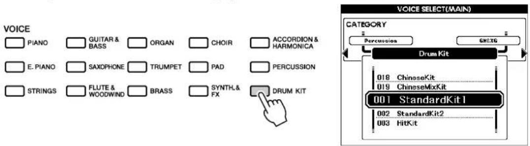 VOICE Piano GUITAR & BASS ORGAN CHOIR ACCORDION & HARMONICA E. PIANO SAXOPHONE TRUMPET PAD PERCUSSION STRINGS FLUTE & WOODWIND BRASS SYNTH & FX DRUM KIT VOICE SELECT(MAIN) CATEGORY Percussion GKXG Drum Kit 018 ChineseKit 019 ChineseMixKit 001 StandardKit 1 002 StandardKit 2 003 HitKit