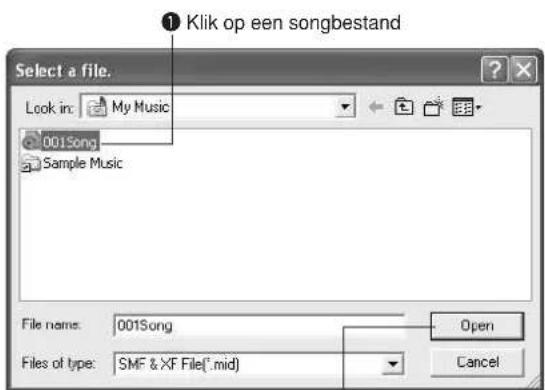 Klik op een songbestand Select a file. Look in: My Music 001Song Sample Music File name: 001Song Files of type: SMF & XF File(.mid) Open Cancel