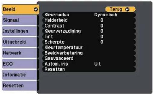 Beeld Signaal Instellingen Uitgebreid Netwerk ECO Informatie Resetten Kleurmodus Dynamisch Helderheid 0 Contrast 0 Kleurverzadiging 0 Tint 0 Scherpte 0 Kleurtemperatuur Beeldverbetering Geavanceerd Autom. iris Uit Resetten