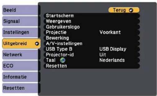 Beeld Signaal Instellingen Uitgebreid Netwerk ECO Informatie Resetten Startscherm Weergeven Gebruikerslogo Projectie Bewerking A/V-instellingen USB Type B Projector-id Taal Resetten Terug Voorkant USB Display Uit Nederlands