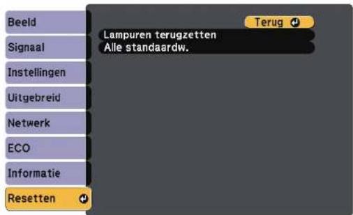 Beeld Signaal Instellingen Uitgebreid Netwerk ECO Informatie Resetten Lampuren terugzetten Alle standaardwaarden Terug