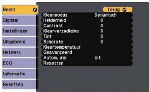 Beeld Signaal Instellingen Uitgebreid Netwerk ECO Informatie Resetten Kleurmodus: Dynamisch Helderheid: 0 Contrast: 0 Kleurverzadiging: 0 Tint: 0 Scherpte: 0 Kleurtemperatuur Geavanceerd Autom. iris: Uit Resetten