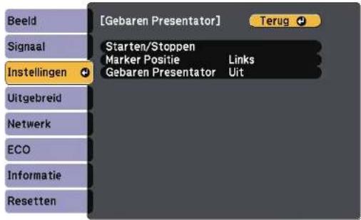 [Gebaren Presentator] Terug Starten/Stoppen Marker Positie Links Gebaren Presentator Uit Instellingen Uitgebreid Netwerk ECO Informatie Resetten