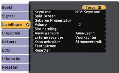 Beeld Signaal Instellingen Uitgebreid Netwerk ECO Informatie Resetten Keystone H/V-Keystone Split Screen Gebaren Presentator Volume 0 Slotinstelling Aanwijzervorm Aanwijzer 1 Externe receiver Voor/achter Knop gebruiker Stroomverbruik Testpatroon Resetten