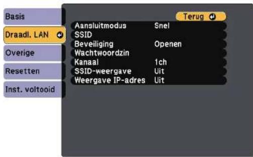 Basis Draadl. LAN Overige Resetten Inst. voltooid Terug Aansluitmodus Snel SSID Beveiliging Openen Wachtwoordzin Kanaal 1ch SSID-weergave Uit Weergave IP-adres Uit