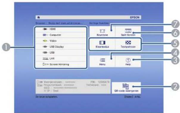 EPSON Scherm - Basis netmenu & server... Hedge-functie HDG Computer Video USB Display USB LAN Screen Mirroring Keystone Split Screen Kneuroodus Testpatroon Menu Help Wachtwoord: 12345678 Projectornaam: 12345678 Trefwoord: 12345678 SSID: 12345678 IP: 12345678 De bruine klikken. Drone1-Ata. QR-code we…
