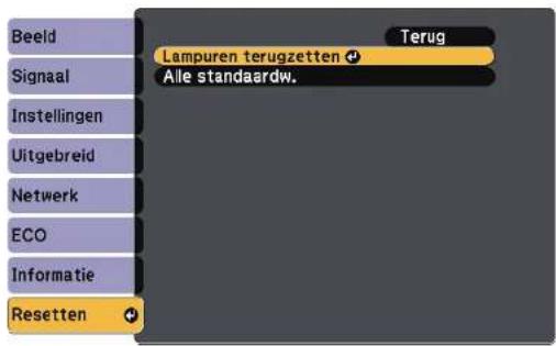 Beeld Signaal Instellingen Uitgebreid Netwerk ECO Informatie Resetten Lampuren terugzetten ⏻ Alle standaardwaarden Terug