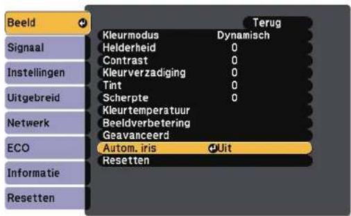 Beeld Signaal Instellingen Uitgebreid Netwerk ECO Informatie Resetten Kleurmodus Dynamisch Helderheid 0 Contrast 0 Kleurverzadiging 0 Tint 0 Scherpte 0 Kleurtemperatuur Beeldverbetering Geavanceerd Autom. iris Uit Resetten Terug