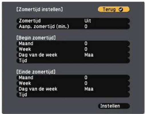 [Zomertijd instellen] Zomertijd Uit Aanp. zomertijd (min.) 0 [Begin zomertijd] Maand 0 Week 0 Dag van de week Maa Tijd [Einde zomertijd] Maand 0 Week 0 Dag van de week Maa Tijd Instellen