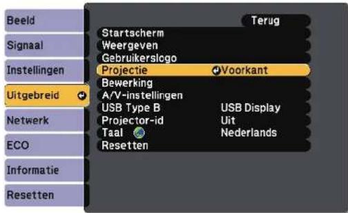 Beeld Signaal Instellingen Uitgebreid Netwerk ECO Informatie Resetten Startscherm Weergeven Gebruikerslogo Projectie Voorkant Bewerking A/V-instellingen USB Type B Projector-id Taal Resetten Terug USB Display Uit Nederlands