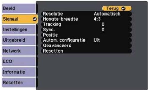 Beeld Signaal Instellingen Uitgebreid Netwerk ECO Informatie Resetten Resolutie Automatisch Hoogte-breedte 4:3 Tracking 0 Sync. 0 Positie Autom. configuratie Uit Geavanceerd Resetten