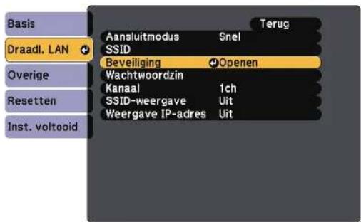 Basis Draadl. LAN Overige Resetten Inst. voltooid Terug Aansluitmodus Snel SSID Beveiliging Openen Wachtwoordzin Kanaal 1ch SSID-weergave Uit Weergave IP-adres Uit
