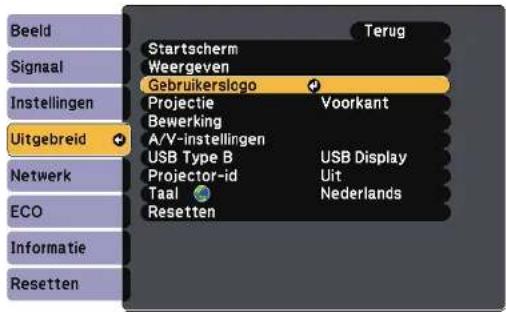 Beeld Signaal Instellingen Uitgebreid Netwerk ECO Informatie Resetten Startscherm Weergeven Gebruikerslogo Projectie Bewerking A/V-instellingen USB Type B Projector-id Taal Resetten Terug Voorkant USB Display Uit Nederlands