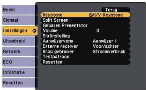 Beeld Signaal Instellingen Uitgebreid Netwerk ECO Informatie Resetten Terug Keystone H/V-Keystone Split Screen Gebaren Presentator Volume 0 Slotinstelling Aanwijzervorm Aanwijzer 1 Externe receiver Voor/achter Knop gebruiker Stroomverbruik Testpatroon Resetten