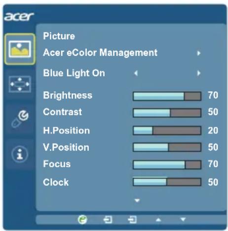 Picture Acer eColor Management Blue Light On Brightness 70 Contrast 50 H.Position 20 V.Position 50 Focus 70 Clock 50