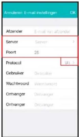 Annulernen E-mail instellingen OK Afzender E-mail van afzender Server Server > Poort 25 Protocol Ul > Gebruiker Getruiker Wachtwoord Waichtwaard Ontvanger Dltvanger Ontvanger Dltvanger