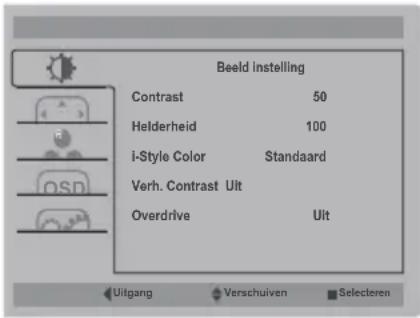 Beeld instelling Contrast 50 Helderheid 100 i-Style Color Standaard Verh. Contrast Uit Overdrive Uit Uitgang Verschuiven Selecteren